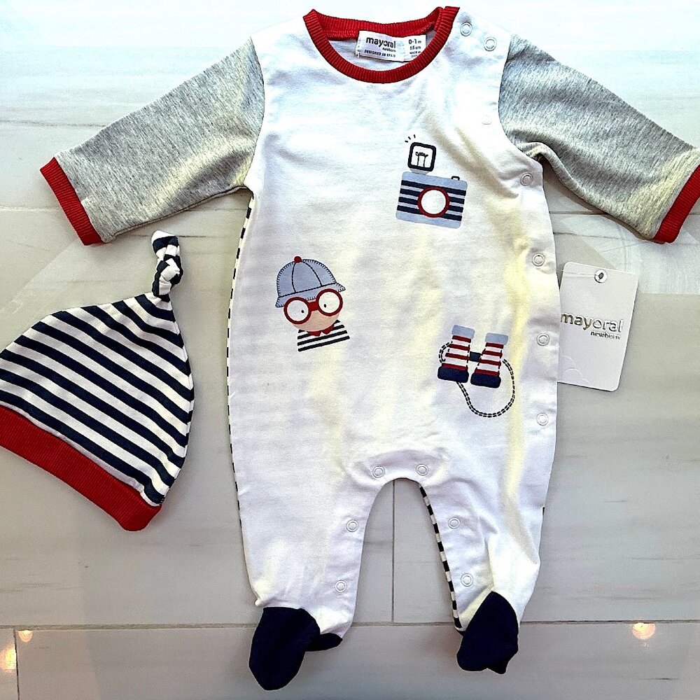 Baby Boy Romper & Striped Beanie Set (0–1M) 🧭